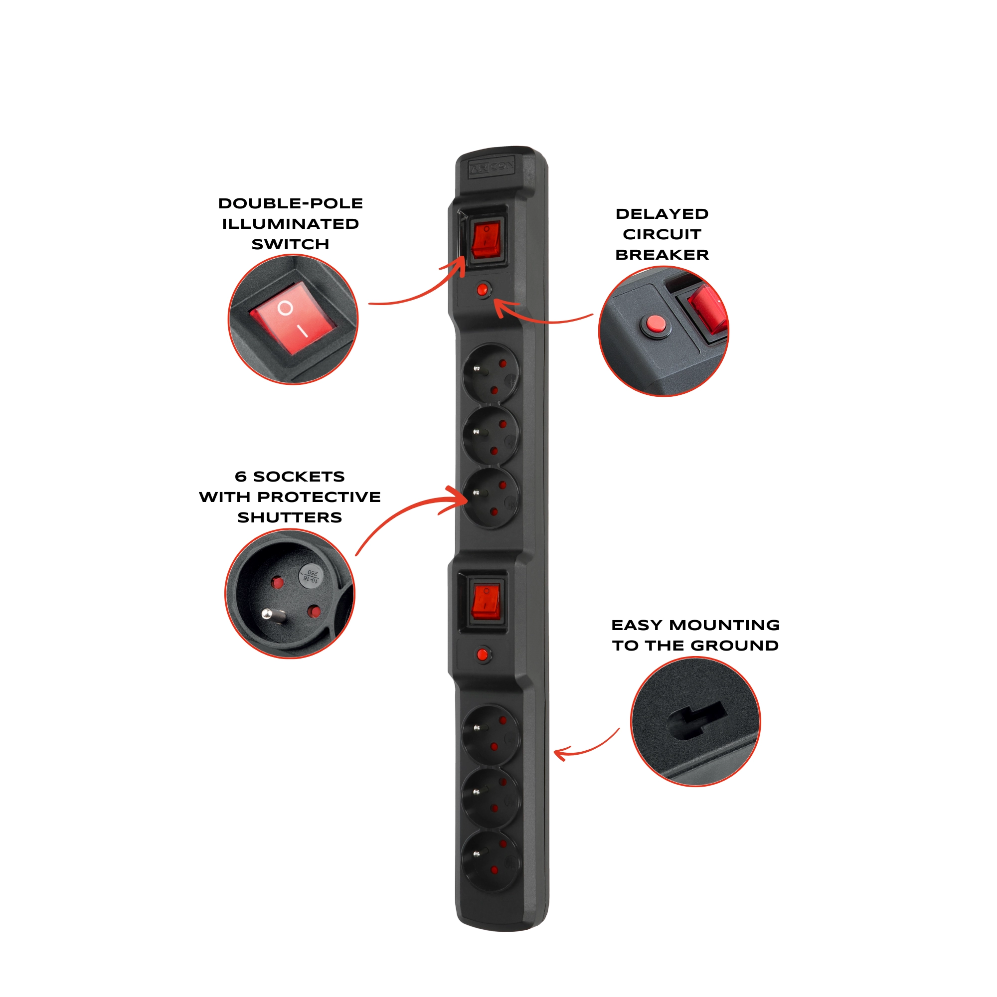 Przeciwprzepięciowa listwa zasilająca Arcon M6+ Czarna kopia